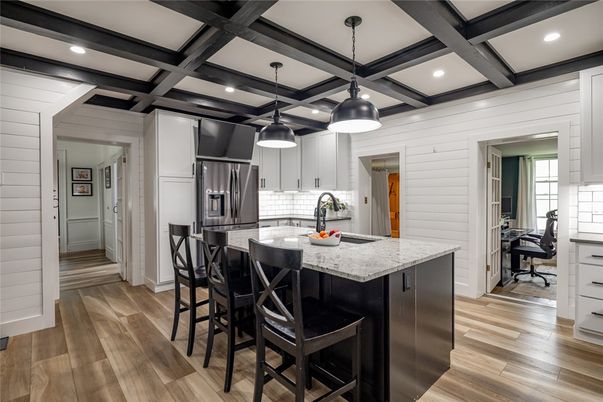 Interior, Kitchen, Pendant Lights, Recessed Lighting, Stainless Steel Appliances, Wooden Beams, Wood Texture Flooring