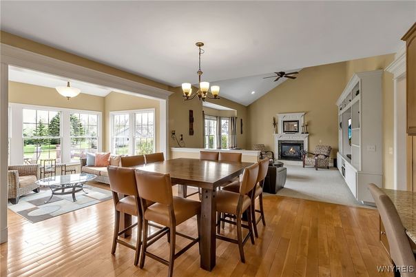 Chandelier, Dining room, Fireplace, Interior, Living room, Pendant Lights, Wood Texture Flooring