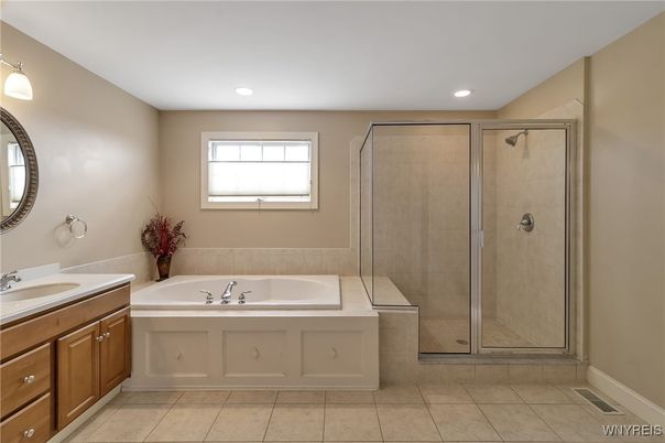Bathroom, Dual Sink Vanities, Glass Shower, Interior, Recessed Lighting