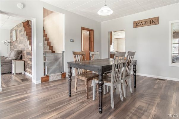 Dining room, Interior, Pendant Lights, Wood Texture Flooring