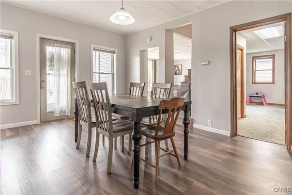 Dining room, Interior, Pendant Lights, Wood Texture Flooring