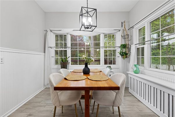 Dining room, Interior, Pendant Lights, Wood Texture Flooring