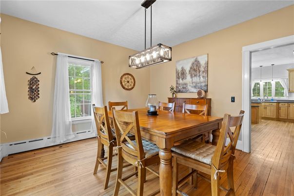 Dining room, Interior, Pendant Lights, Wood Texture Flooring