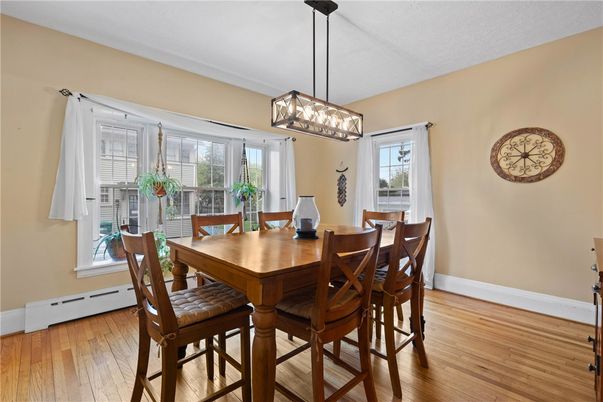 Dining room, Interior, Pendant Lights, Wood Texture Flooring