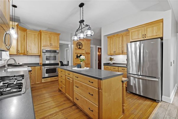 Interior, Kitchen, Pendant Lights, Stainless Steel Appliances, Wood Texture Flooring