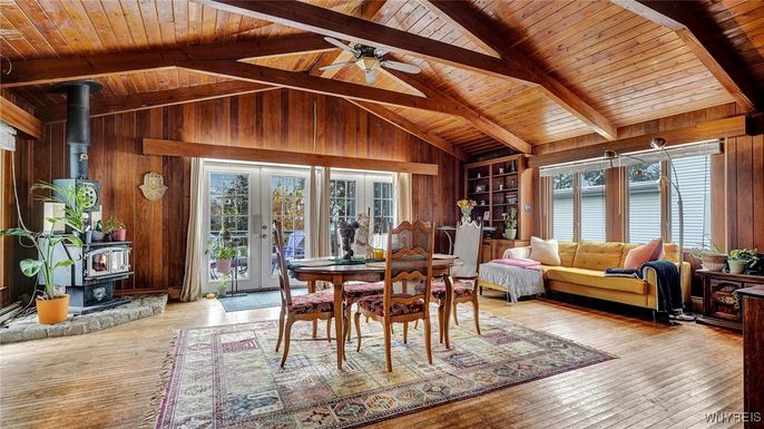 Dining room, Fireplace, Interior, Living room, Wooden Beams, Wooden Ceilings, Wood Texture Flooring, Wooden Walls