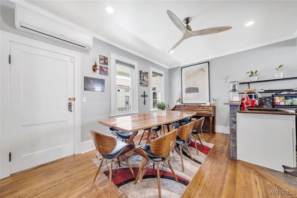 Dining room, Interior, Recessed Lighting, Wood Texture Flooring