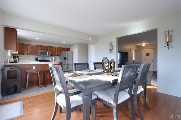 Dining room, Interior, Kitchen, Recessed Lighting, Stainless Steel Appliances, Wood Texture Flooring