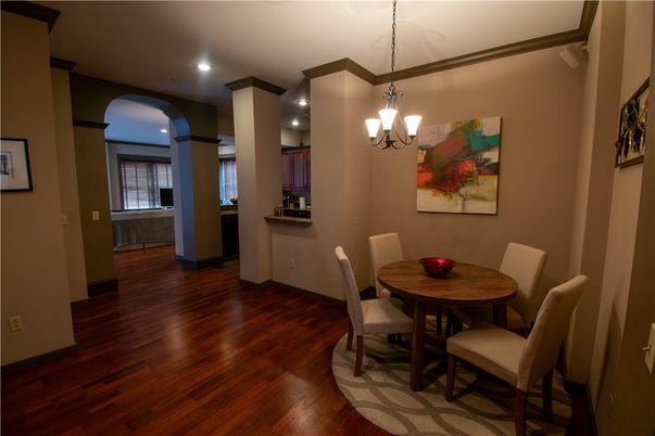 Dining room, Interior, Pendant Lights, Recessed Lighting, Wood Texture Flooring