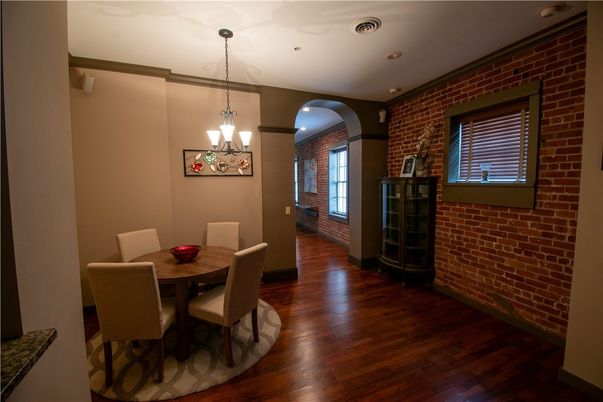 Dining room, Interior, Pendant Lights, Recessed Lighting, Stone Walls, Wood Texture Flooring