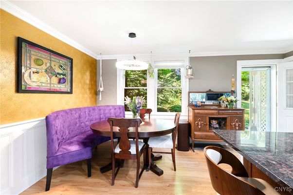 Dining room, Interior, Pendant Lights, Wood Texture Flooring