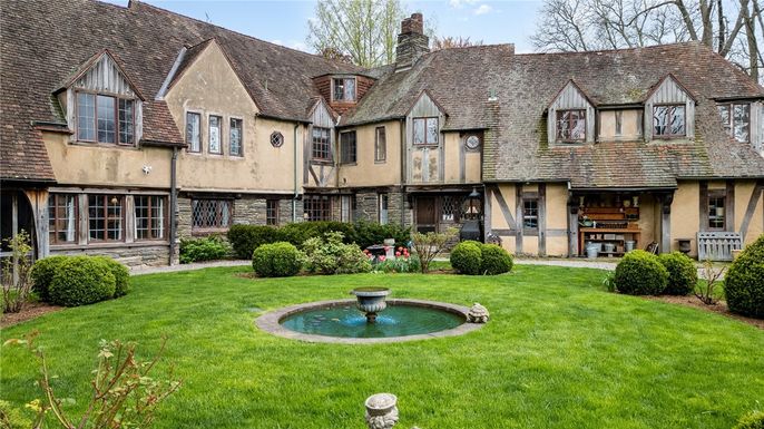 Backyard, Exterior, Facade, Brick Facade, Pool, Tudor Revival