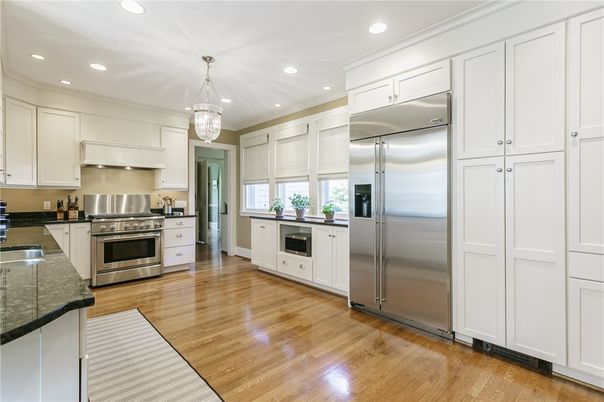 Chandelier, Interior, Kitchen, Recessed Lighting, Stainless Steel Appliances, Wood Texture Flooring