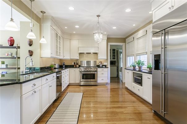 Chandelier, Interior, Kitchen, Pendant Lights, Recessed Lighting, Stainless Steel Appliances, Wood Texture Flooring