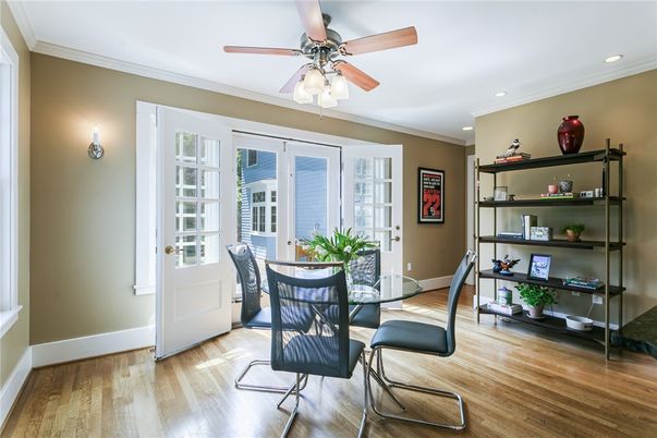 Dining room, Interior, Recessed Lighting, Wood Texture Flooring