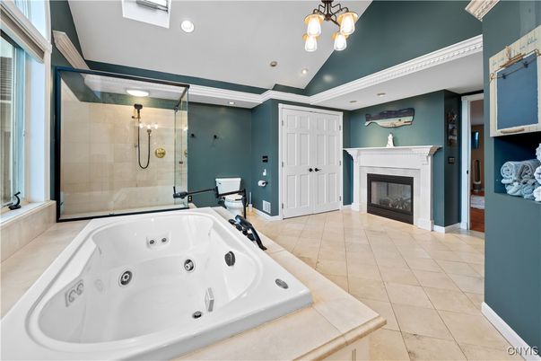 Bathroom, Fireplace, Glass Shower, Interior, Pendant Lights, Recessed Lighting