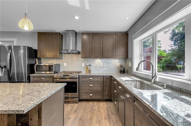 Interior, Kitchen, Pendant Lights, Recessed Lighting, Stainless Steel Appliances, Wood Texture Flooring