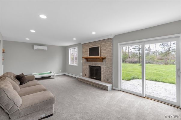 Fireplace, Interior, Recessed Lighting, Stone Walls
