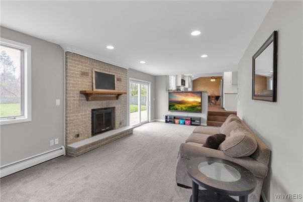 Fireplace, Interior, Living room, Recessed Lighting, Stone Walls