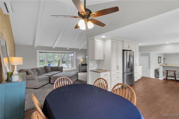 Dining room, Interior, Kitchen, Living room, Recessed Lighting, Stainless Steel Appliances, Wood Texture Flooring