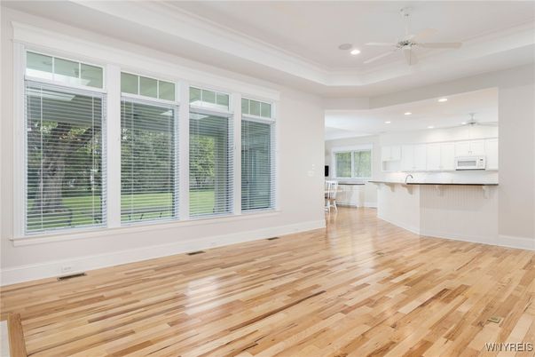 Empty room, Interior, Kitchen, Recessed Lighting, Wood Texture Flooring