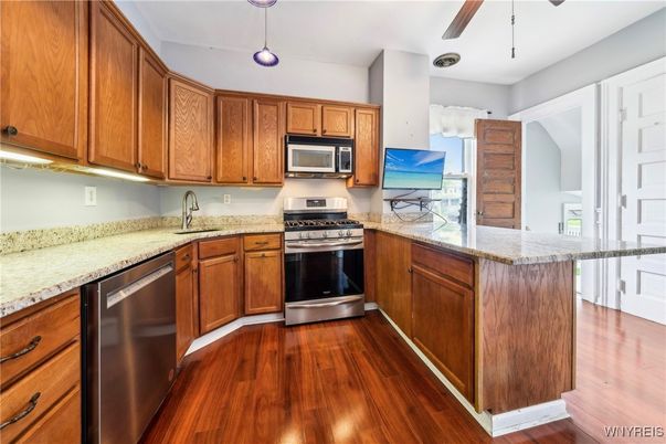 Interior, Kitchen, Pendant Lights, Stainless Steel Appliances, Wood Texture Flooring