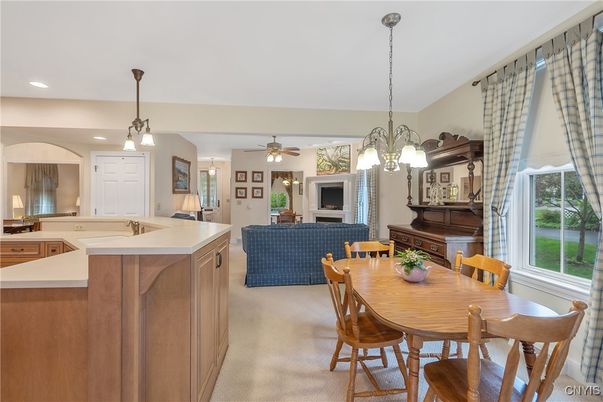 Dining room, Fireplace, Interior, Kitchen, Living room, Pendant Lights, Recessed Lighting