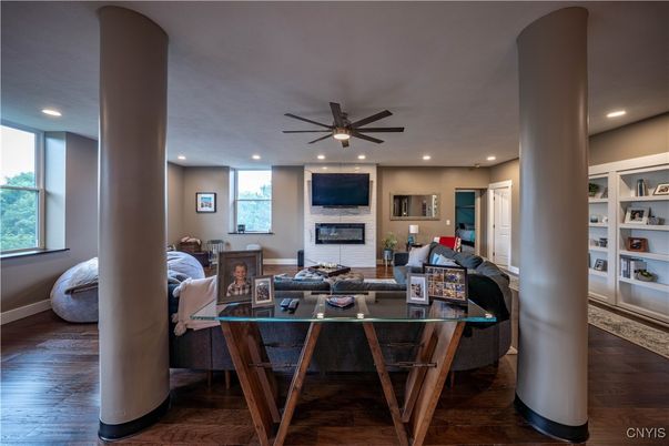 Fireplace, Interior, Living room, Recessed Lighting, Wood Texture Flooring