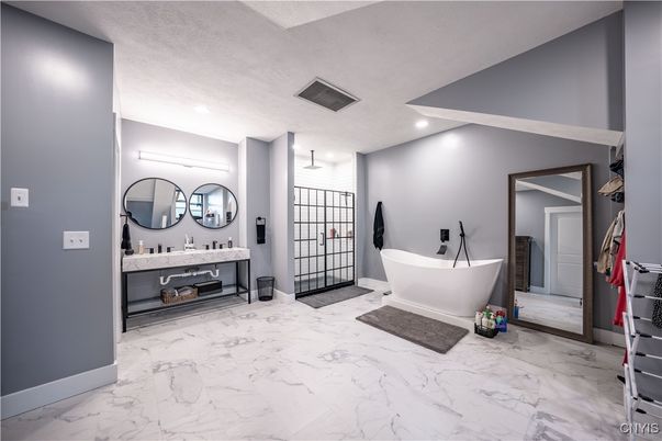 Bathroom, Free Standing Baths, Interior, Marble, Recessed Lighting
