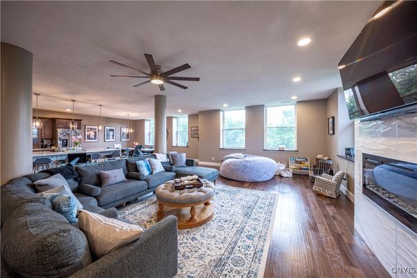 Dining room, Fireplace, Interior, Kitchen, Living room, Pendant Lights, Recessed Lighting, Wood Texture Flooring