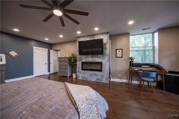 Fireplace, Home Office, Interior, Recessed Lighting, Wood Texture Flooring