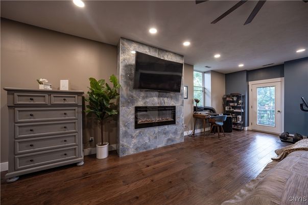 Fireplace, Home Office, Interior, Recessed Lighting, Wood Texture Flooring