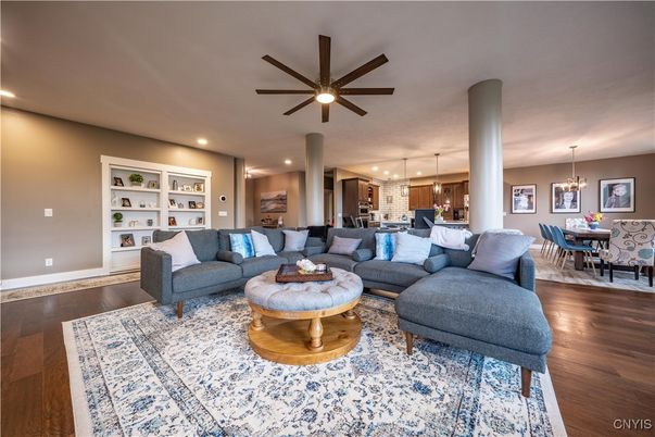 Dining room, Interior, Kitchen, Living room, Pendant Lights, Recessed Lighting, Wood Texture Flooring
