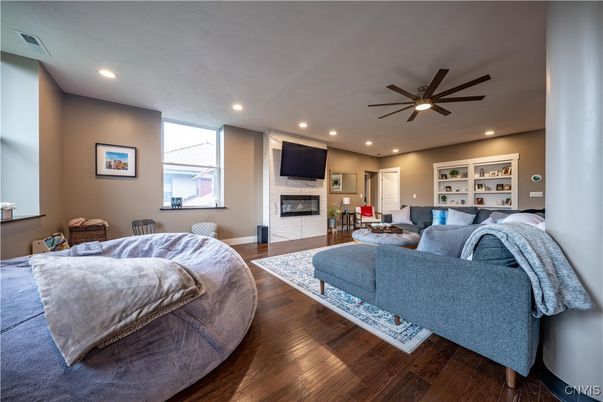 Fireplace, Interior, Living room, Recessed Lighting, Wood Texture Flooring