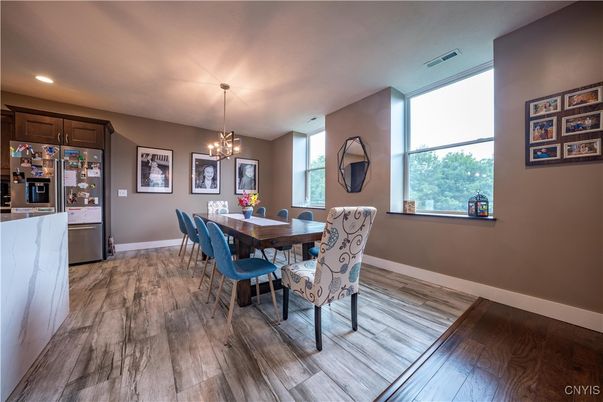 Chandelier, Dining room, Interior, Pendant Lights, Recessed Lighting, Wood Texture Flooring