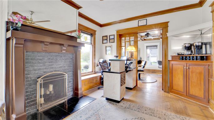 Dining room, Fireplace, Interior, Wood Texture Flooring