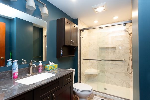 Bathroom, Glass Shower, Interior, Marble Walls, Recessed Lighting