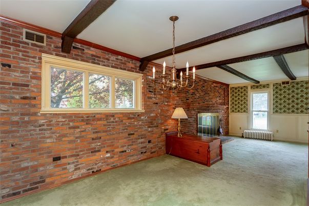 Chandelier, Empty room, Interior, Stone Walls, Wooden Beams