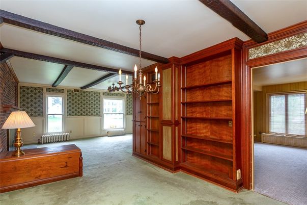 Chandelier, Empty room, Interior, Wooden Beams