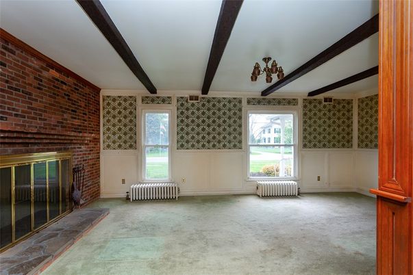Empty room, Fireplace, Interior, Stone Walls, Wooden Beams
