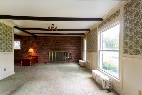 Empty room, Fireplace, Interior, Stone Walls, Wooden Beams