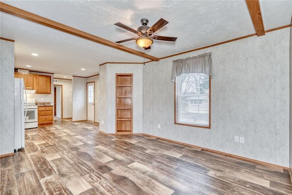 Empty room, Interior, Kitchen, Recessed Lighting, Wooden Beams, Wood Texture Flooring