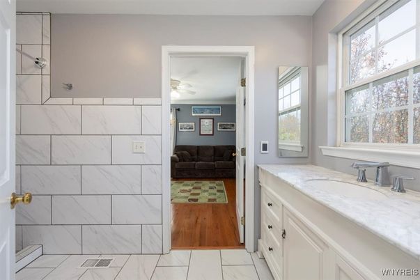 Bathroom, Interior, Marble, Marble Walls, Wood Texture Flooring