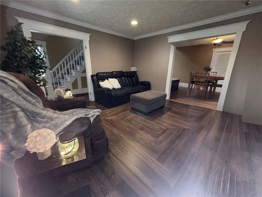 Dining room, Interior, Living room, Recessed Lighting, Wood Texture Flooring