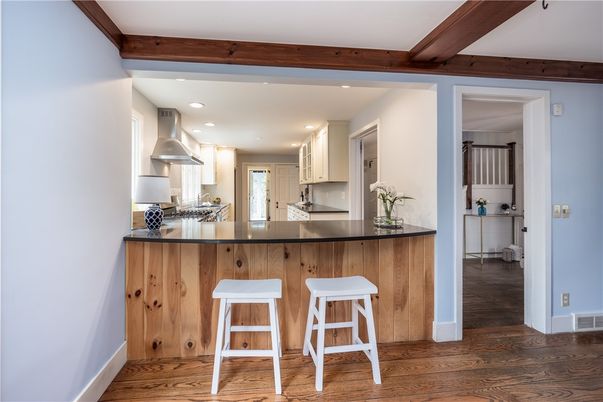 Interior, Kitchen, Recessed Lighting, Stainless Steel Appliances, Wooden Beams, Wood Texture Flooring