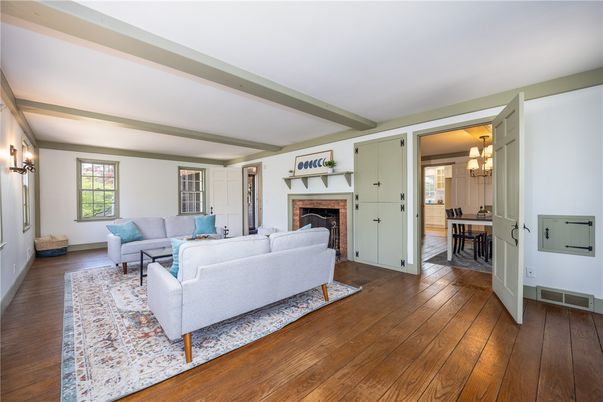 Dining room, Fireplace, Interior, Living room, Pendant Lights, Wood Texture Flooring