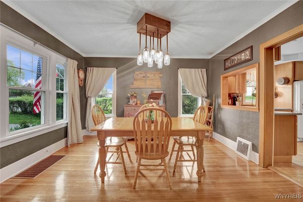 Dining room, Interior, Pendant Lights, Wood Texture Flooring