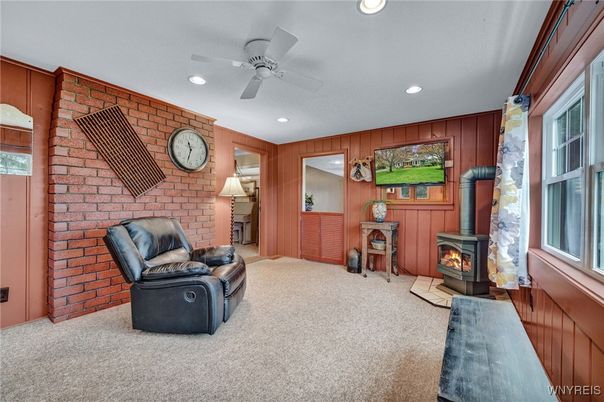 Fireplace, Interior, Recessed Lighting, Stone Walls, Wooden Walls