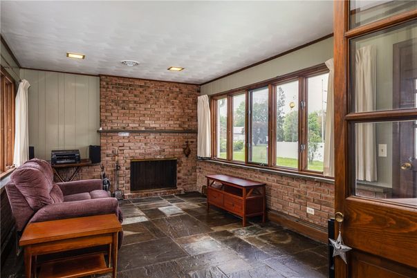 Fireplace, Interior, Recessed Lighting, Stone Walls