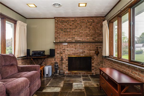 Fireplace, Interior, Recessed Lighting, Stone Walls